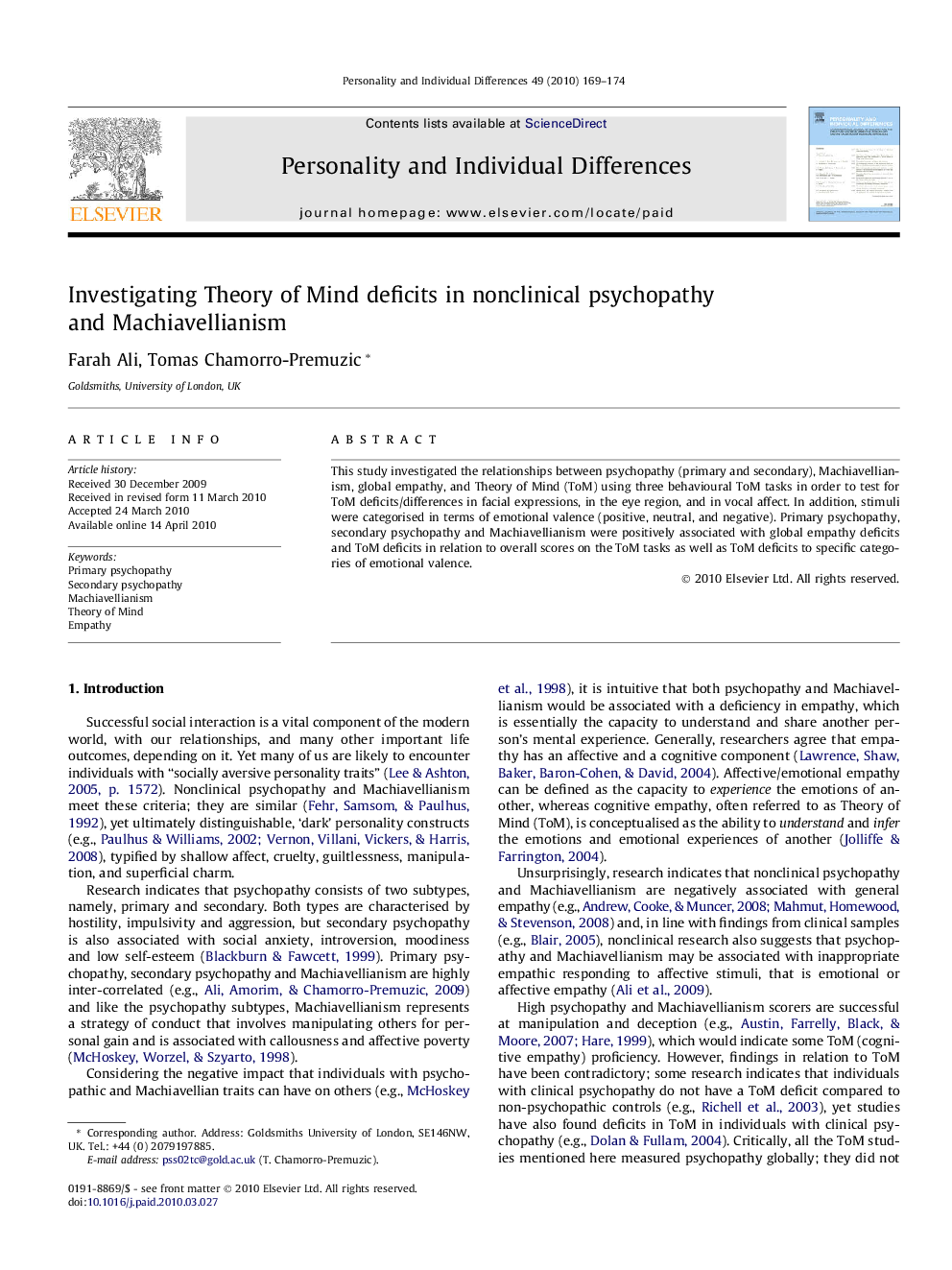 Investigating Theory of Mind deficits in nonclinical psychopathy and Machiavellianism