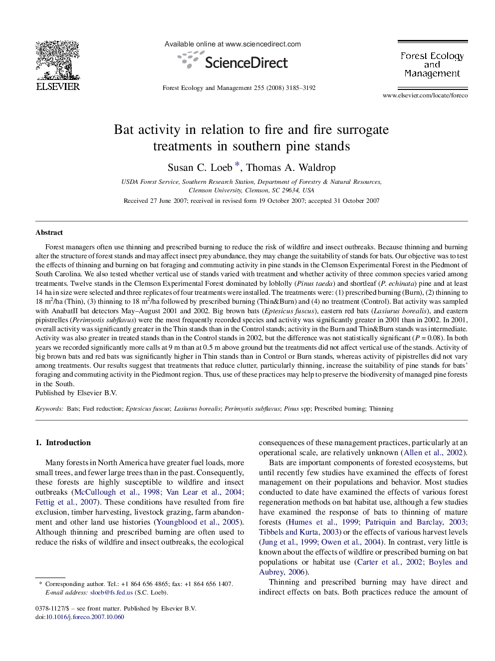 Bat activity in relation to fire and fire surrogate treatments in southern pine stands