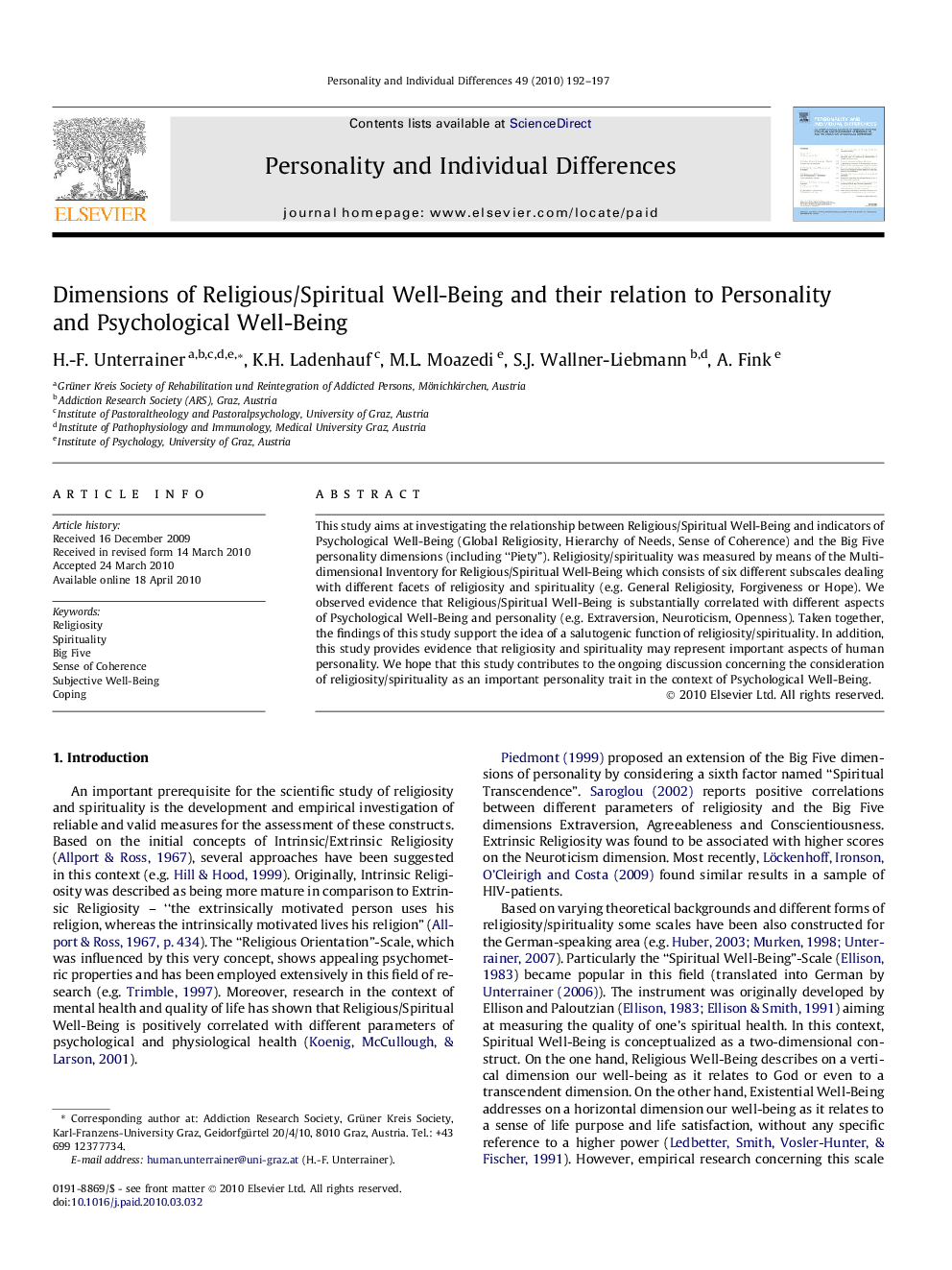 Dimensions of Religious/Spiritual Well-Being and their relation to Personality and Psychological Well-Being