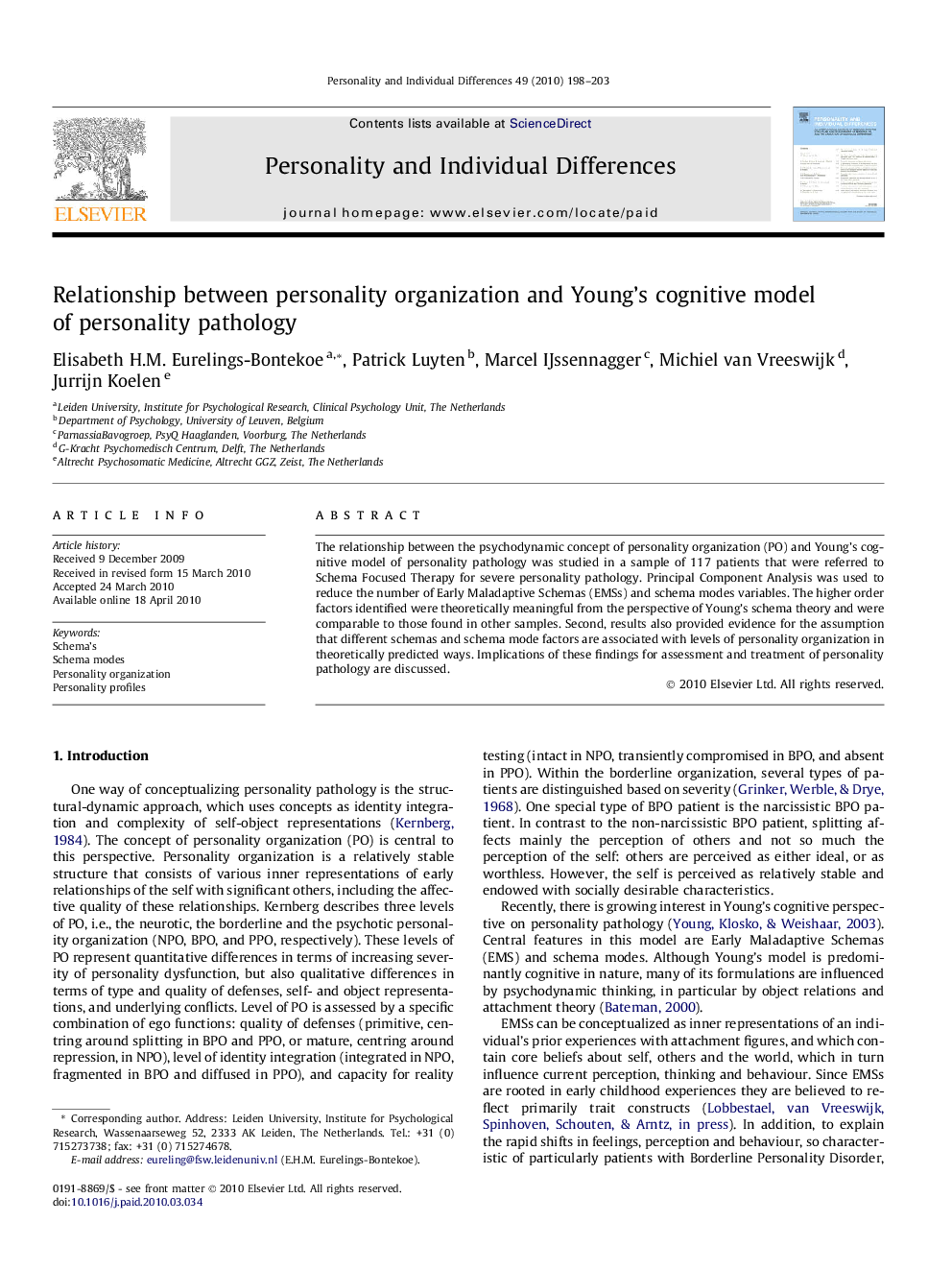 Relationship between personality organization and Young’s cognitive model of personality pathology