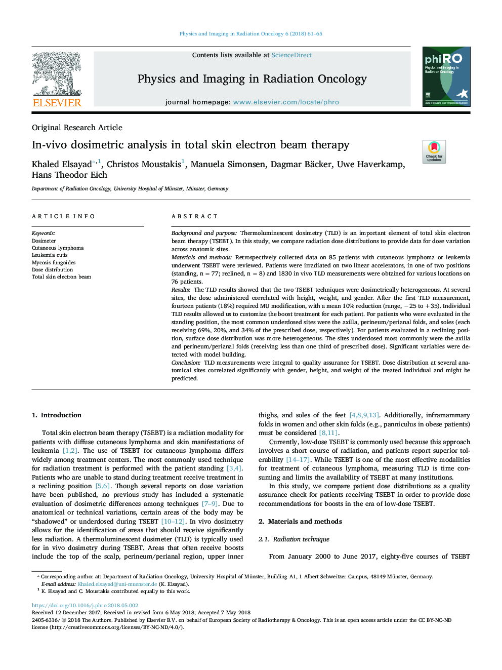 In-vivo dosimetric analysis in total skin electron beam therapy