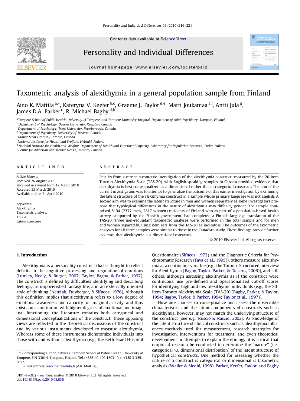 Taxometric analysis of alexithymia in a general population sample from Finland