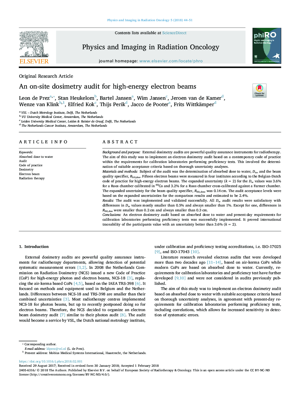 An on-site dosimetry audit for high-energy electron beams