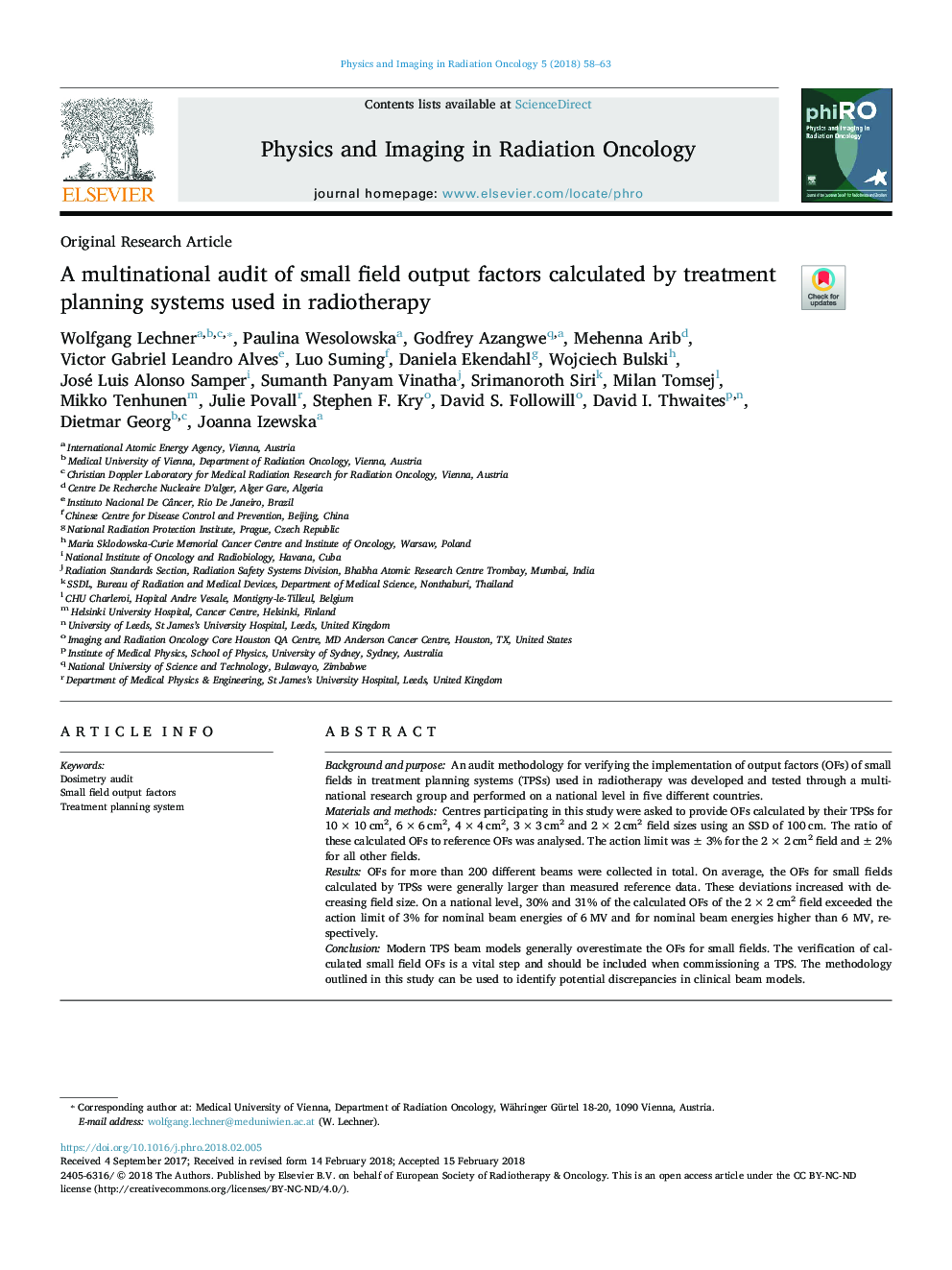 A multinational audit of small field output factors calculated by treatment planning systems used in radiotherapy