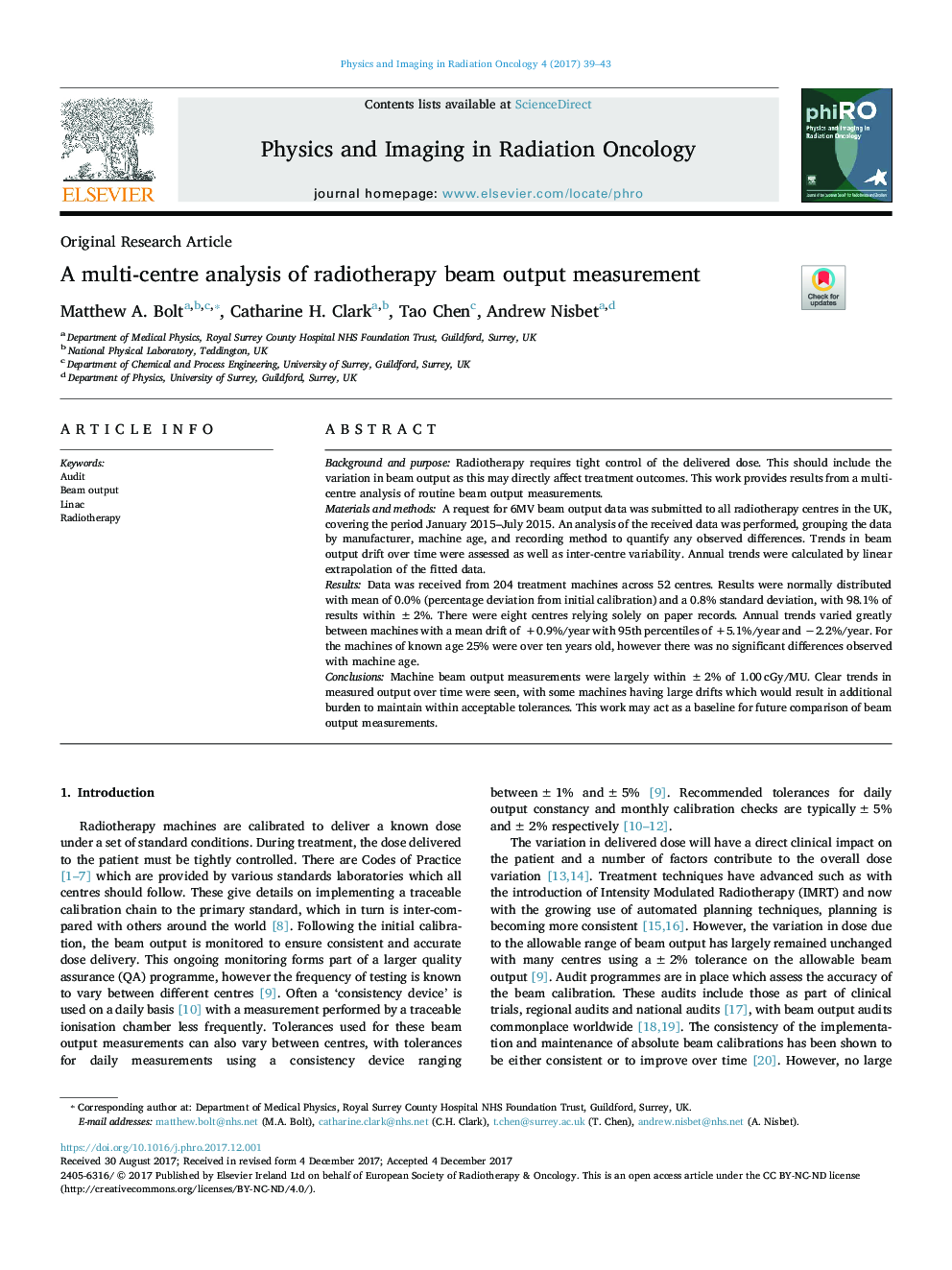 A multi-centre analysis of radiotherapy beam output measurement