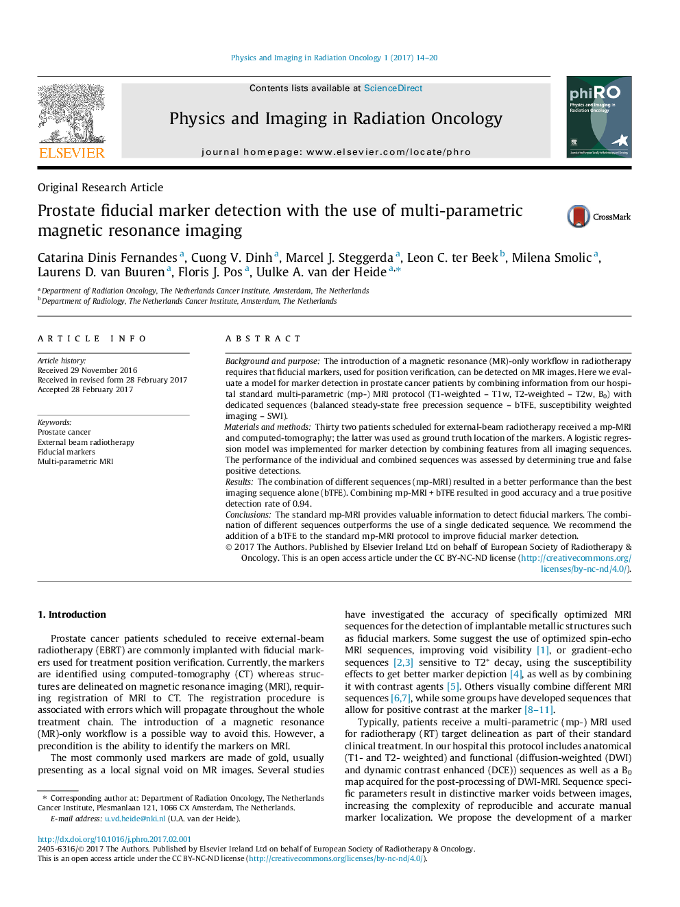 Prostate fiducial marker detection with the use of multi-parametric magnetic resonance imaging