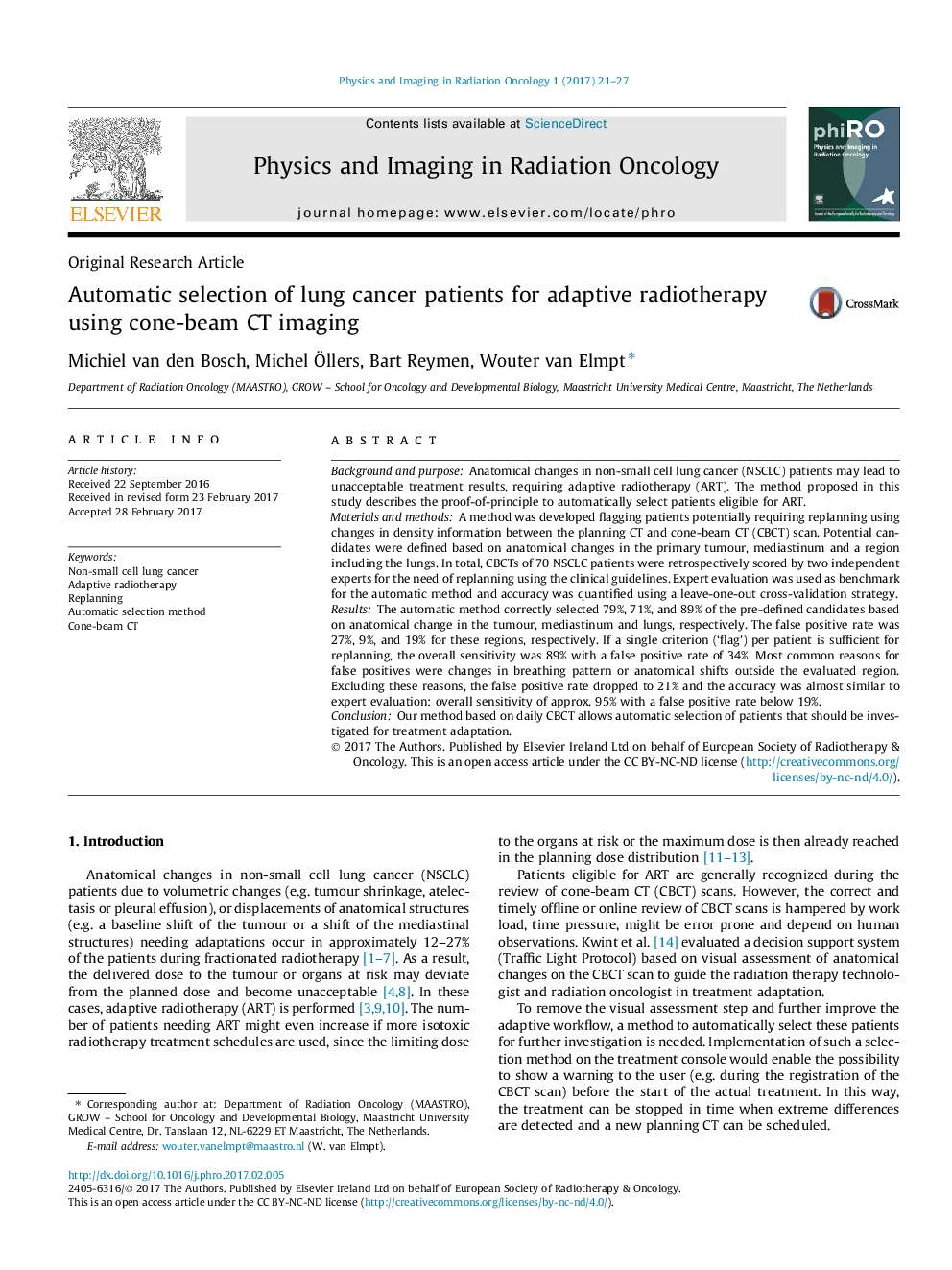 Automatic selection of lung cancer patients for adaptive radiotherapy using cone-beam CT imaging