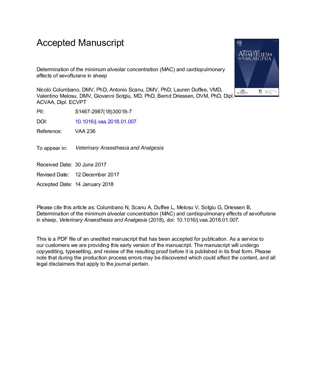 Determination of the minimum alveolar concentration (MAC) and cardiopulmonary effects of sevoflurane in sheep