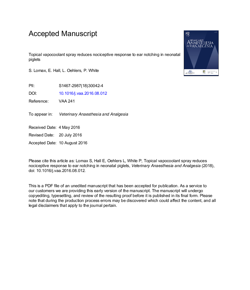 Topical vapocoolant spray reduces nociceptive response to ear notching in neonatal piglets