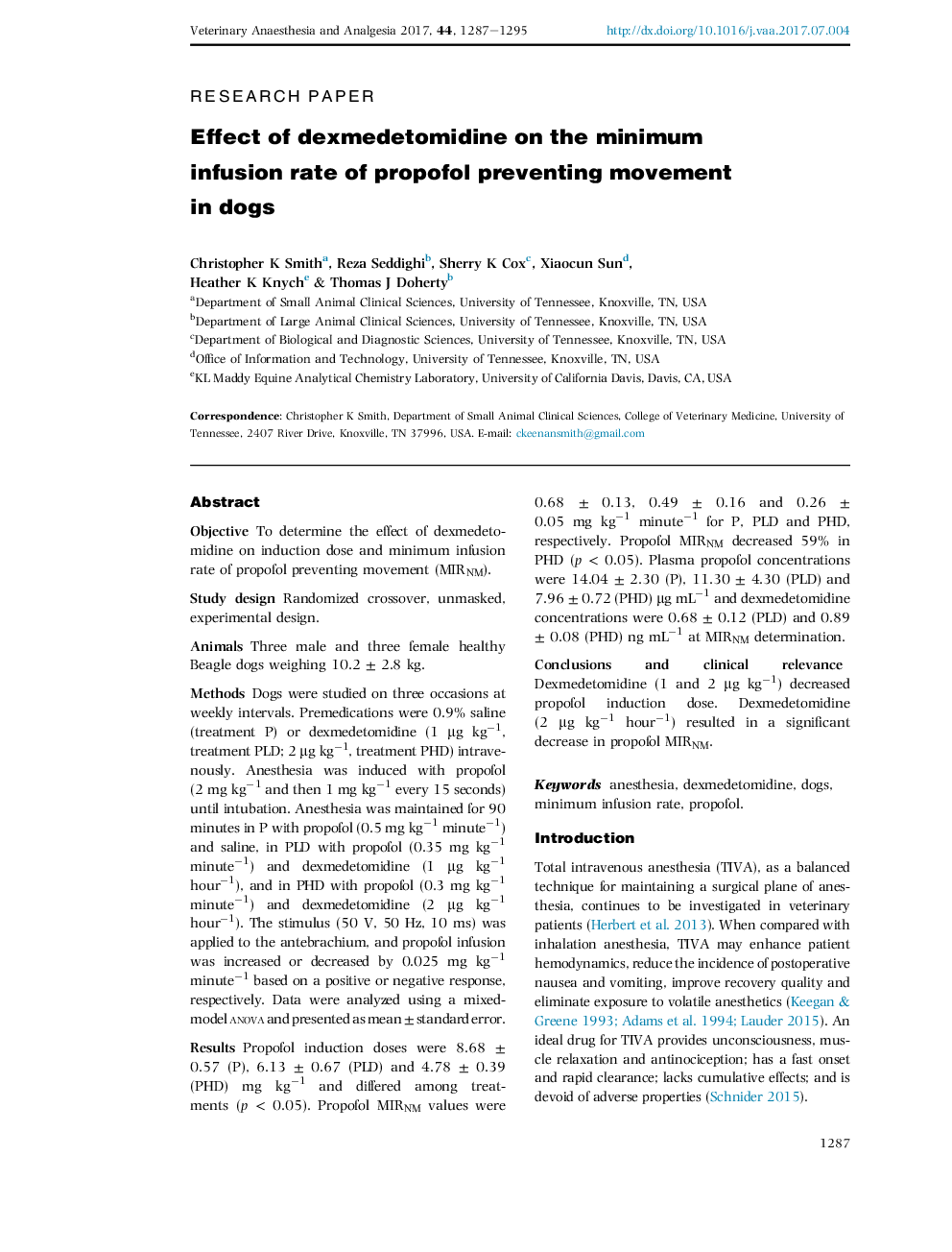 اثر دگزمودومیدین بر حداقل میزان انفوزیون پروپوفول جلوگیری از حرکت در سگ ها 