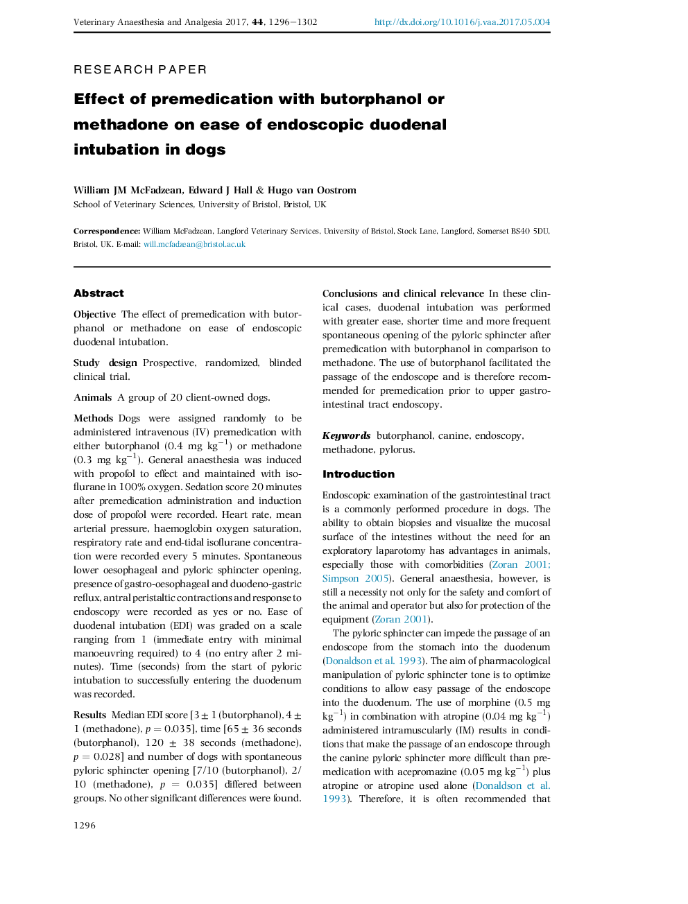 اثر پیش دارو با بوتروفانول یا متادون بر سهولت لوله گذاری انتوسکوپی دوازدهه در سگ 