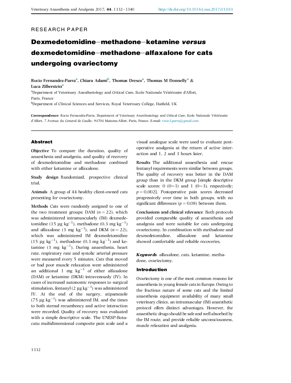 دگزمودومیدین-متادون-کتامین در برابر دگزمودومیدین-متادون-آلفاکسالون برای گربه هایی که تحت اورهکتومی قرار دارند 