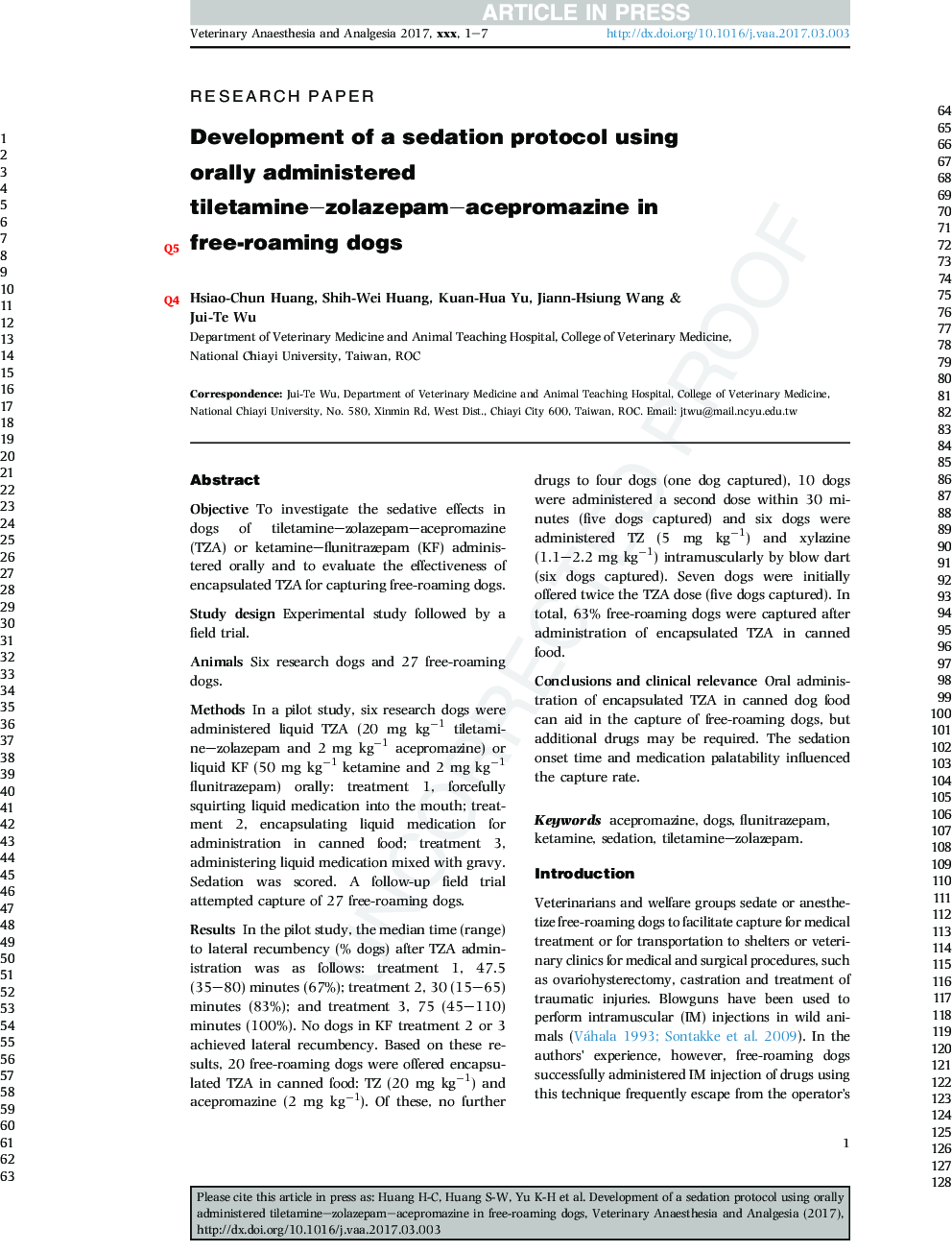 Development of a sedation protocol using orally administered tiletamine-zolazepam-acepromazine in free-roaming dogs