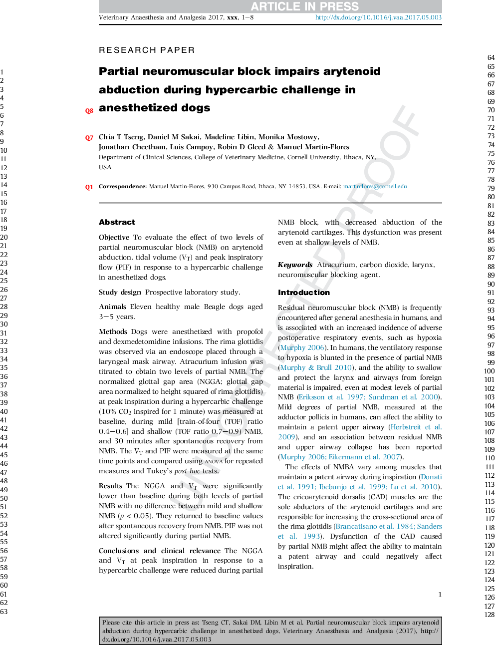 Partial neuromuscular block impairs arytenoid abduction during hypercarbic challenge in anesthetized dogs