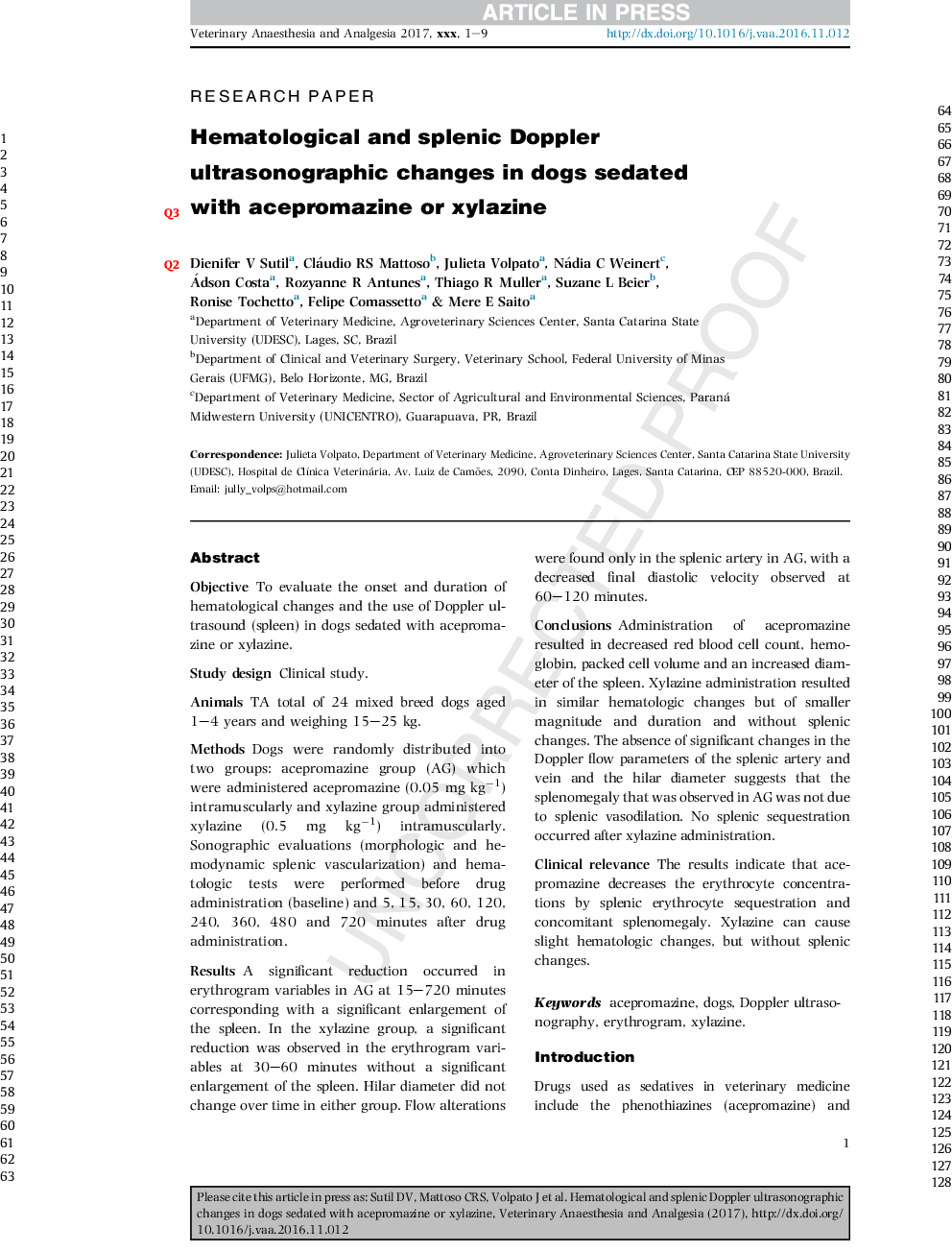 Hematological and splenic Doppler ultrasonographic changes in dogs sedated with acepromazine or xylazine