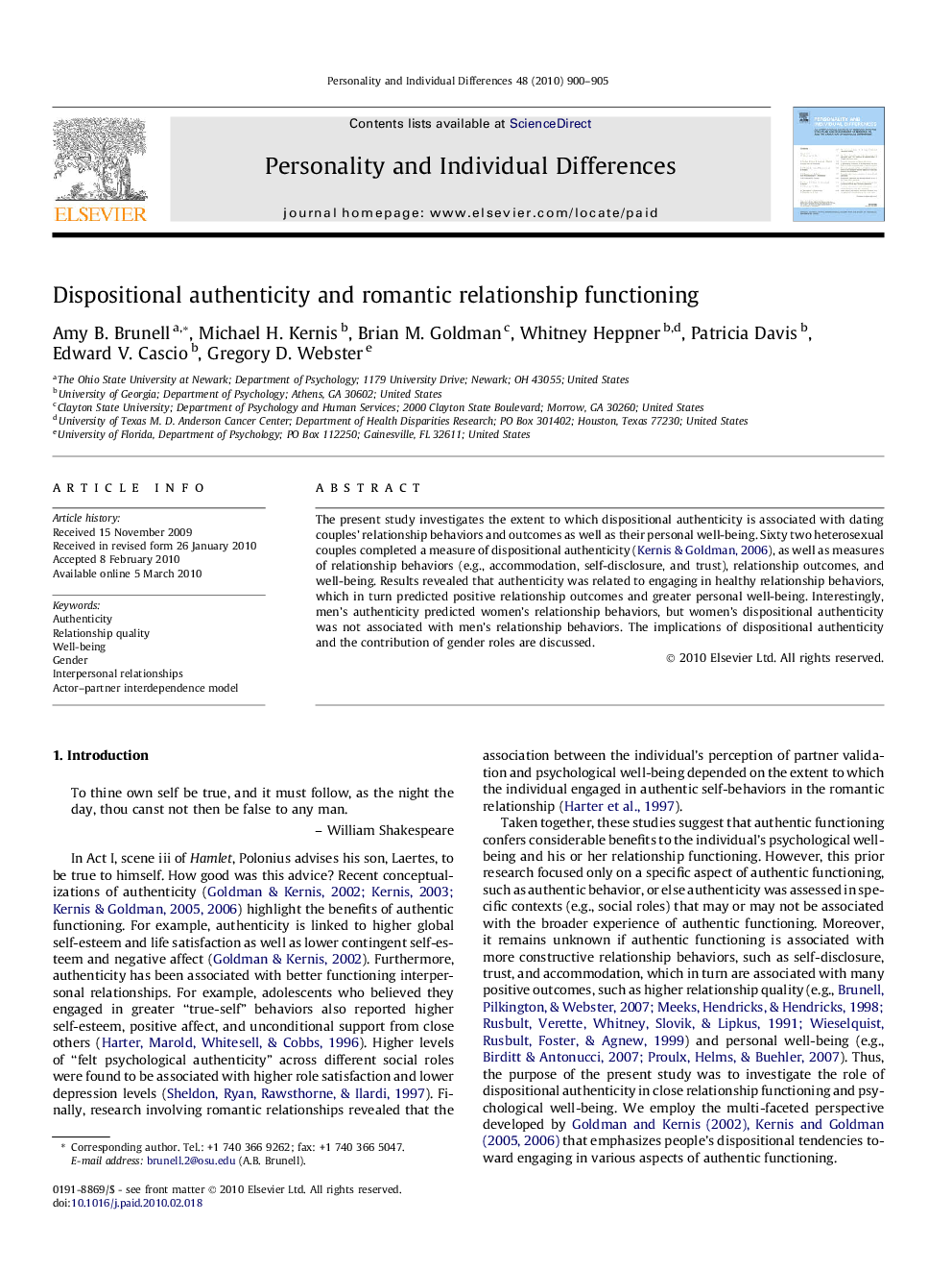 Dispositional authenticity and romantic relationship functioning