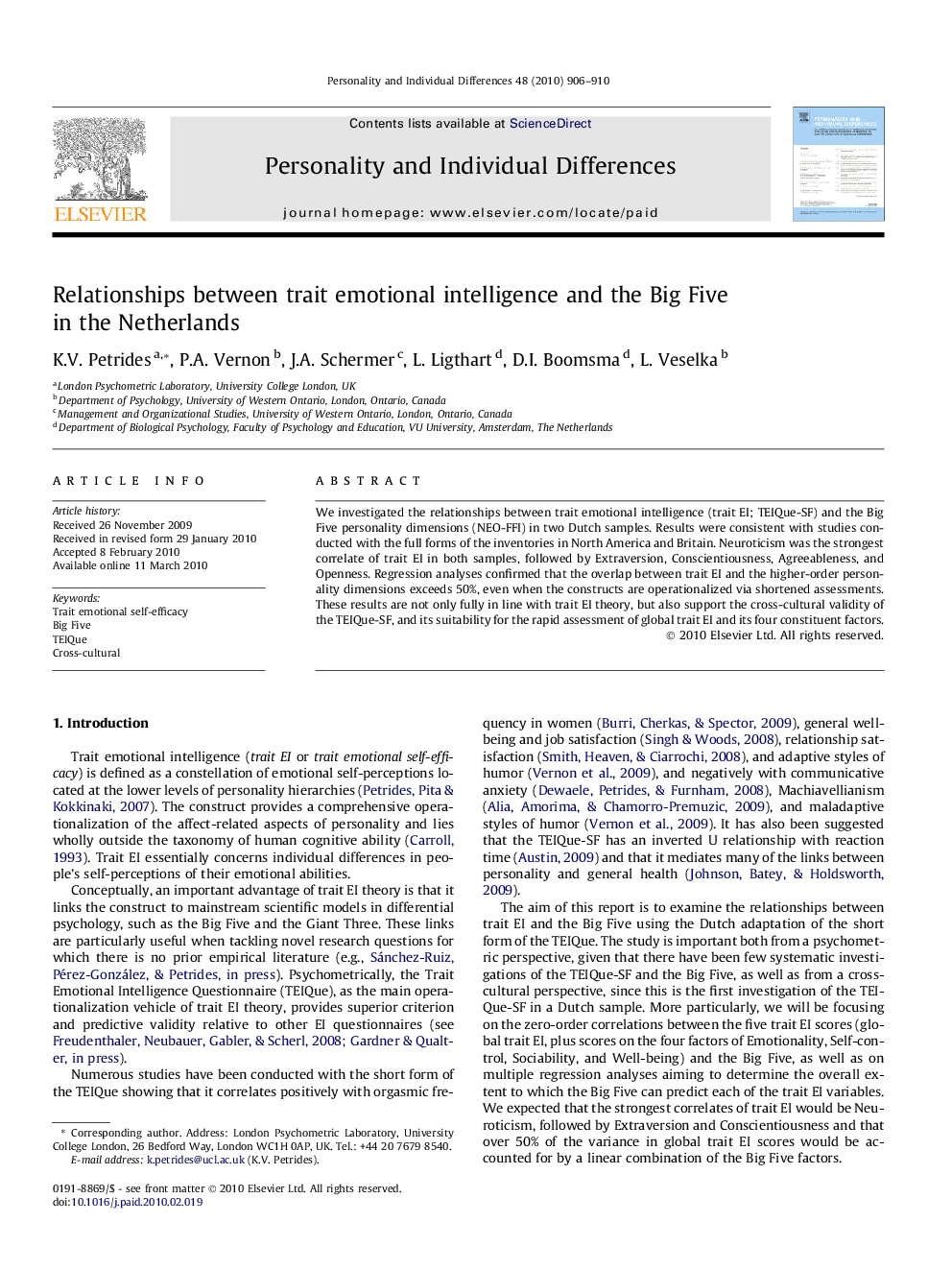 Relationships between trait emotional intelligence and the Big Five in the Netherlands