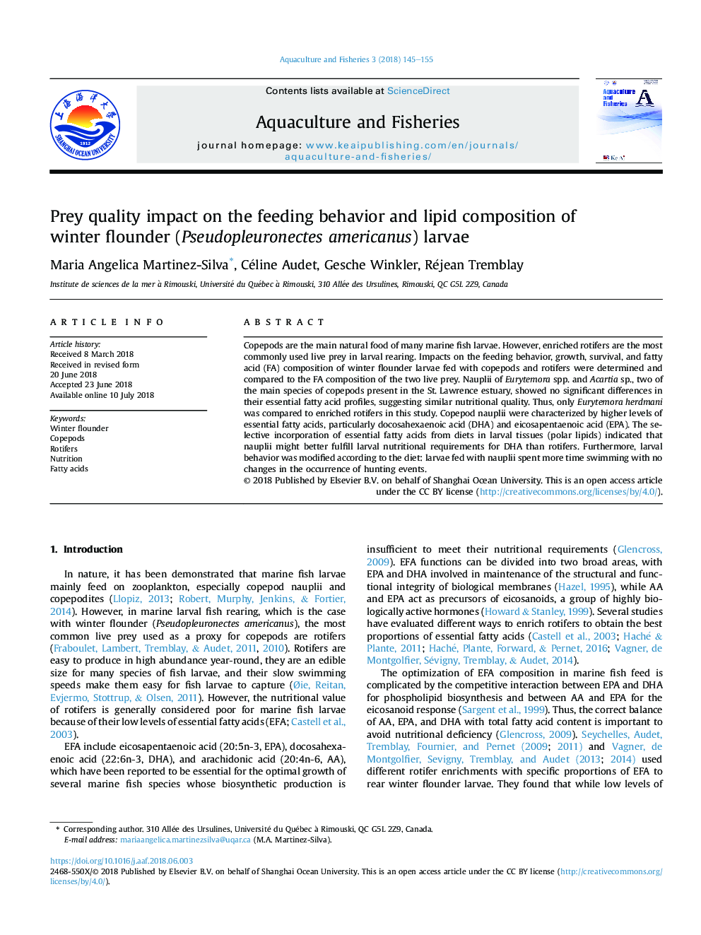 Prey quality impact on the feeding behavior and lipid composition of winter flounder (Pseudopleuronectes americanus) larvae