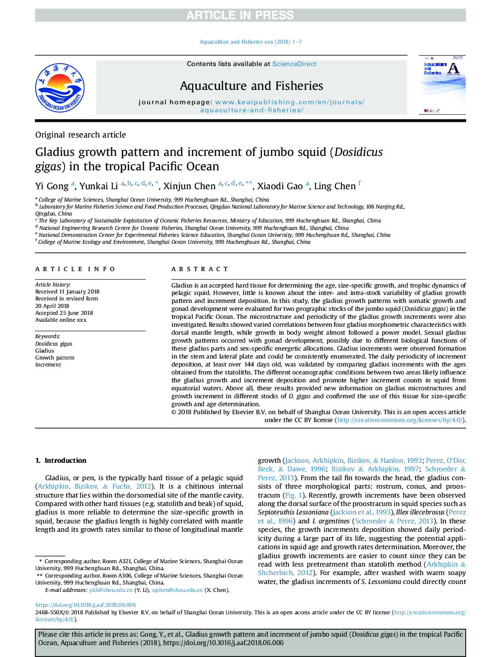 Gladius growth pattern and increment of jumbo squid (Dosidicus gigas) in the tropical Pacific Ocean