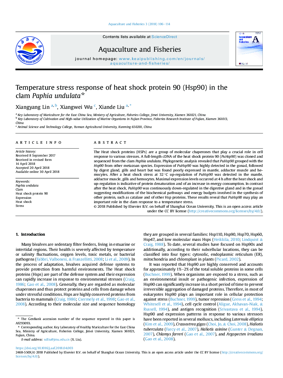 Temperature stress response of heat shock protein 90 (Hsp90) in the clam Paphia undulata