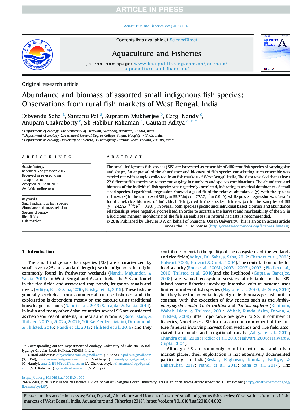 Abundance and biomass of assorted small indigenous fish species: Observations from rural fish markets of West Bengal, India