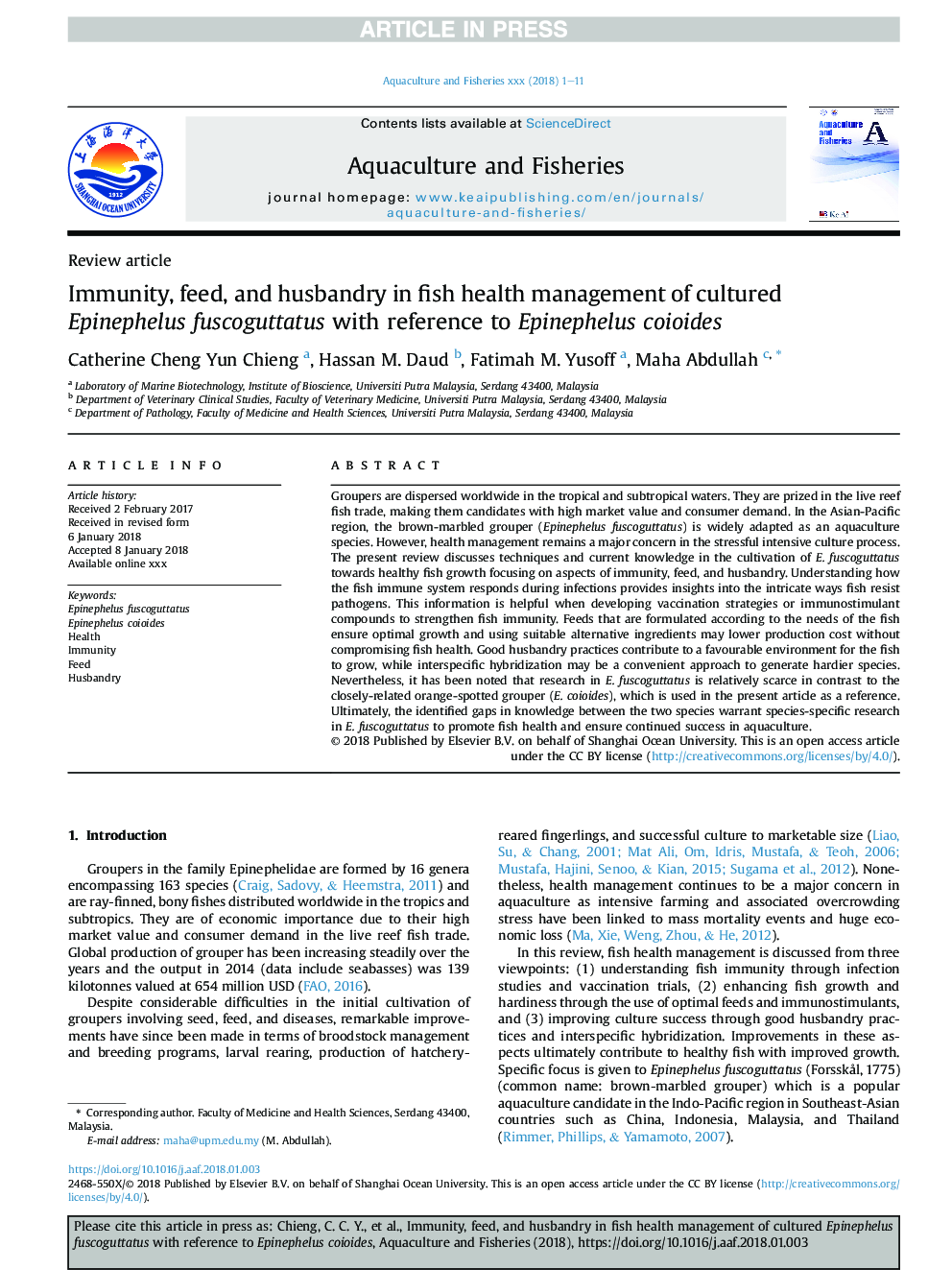 Immunity, feed, and husbandry in fish health management of cultured Epinephelus fuscoguttatus with reference to Epinephelus coioides