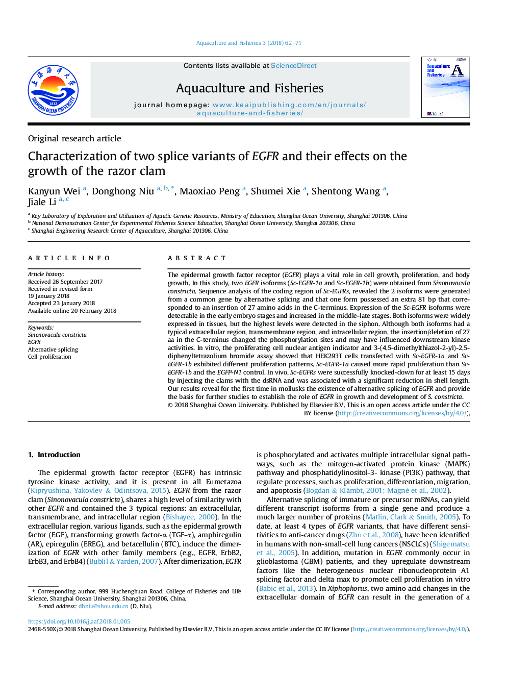 Characterization of two splice variants of EGFR and their effects on the growth of the razor clam