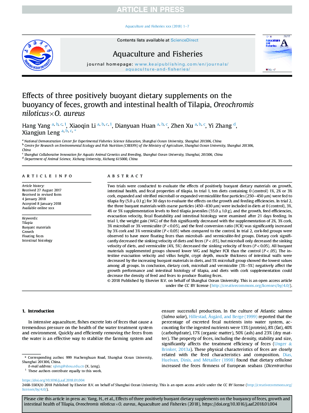 Effects of three positively buoyant dietary supplements on the buoyancy of feces, growth and intestinal health of Tilapia, Oreochromis niloticusÃO. aureus