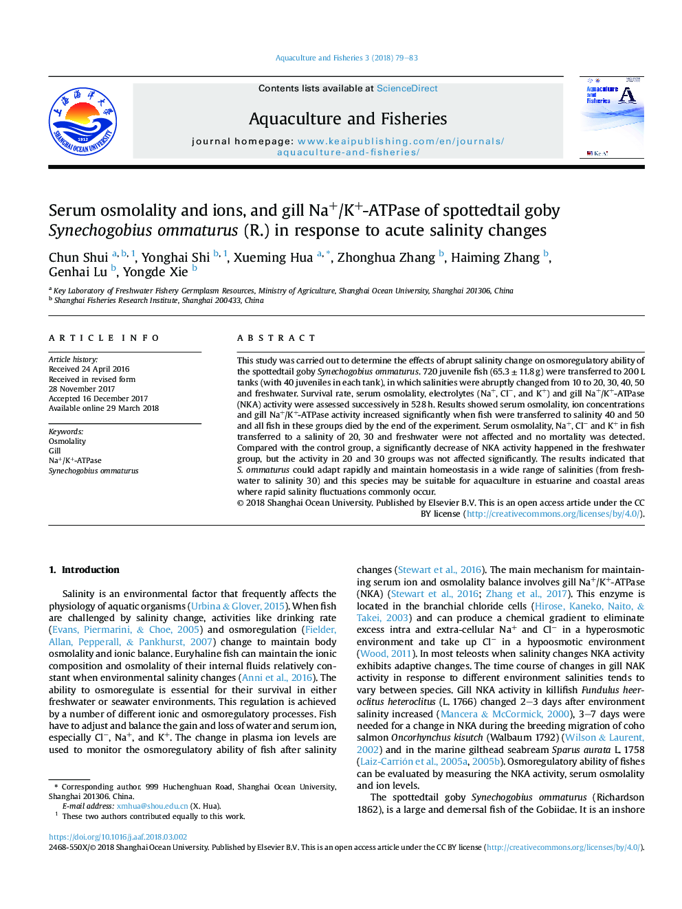 Serum osmolality and ions, and gill Na+/K+-ATPase of spottedtail goby Synechogobius ommaturus (R.) in response to acute salinity changes