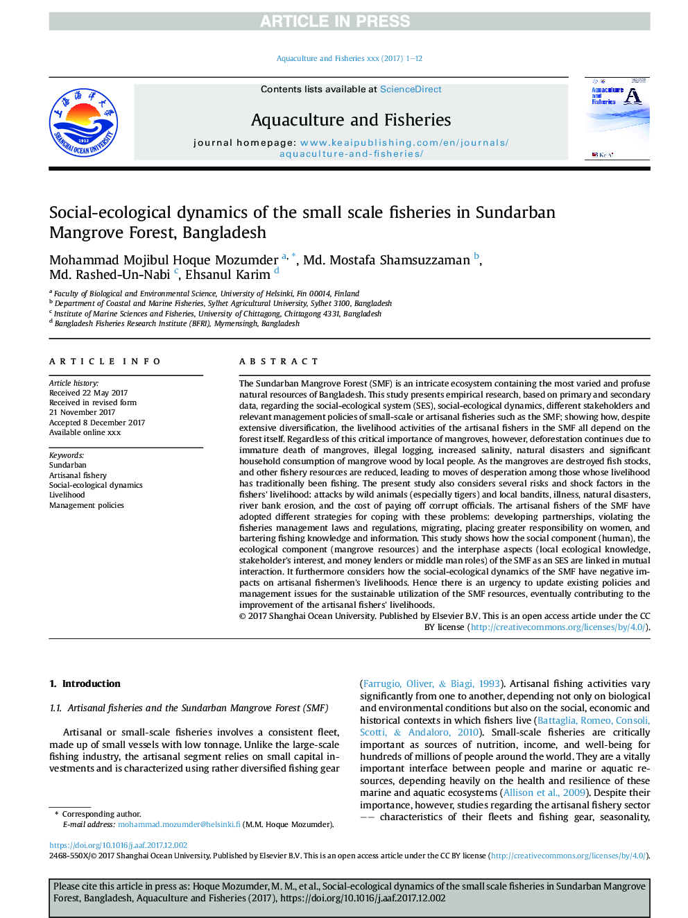 Social-ecological dynamics of the small scale fisheries in Sundarban Mangrove Forest, Bangladesh