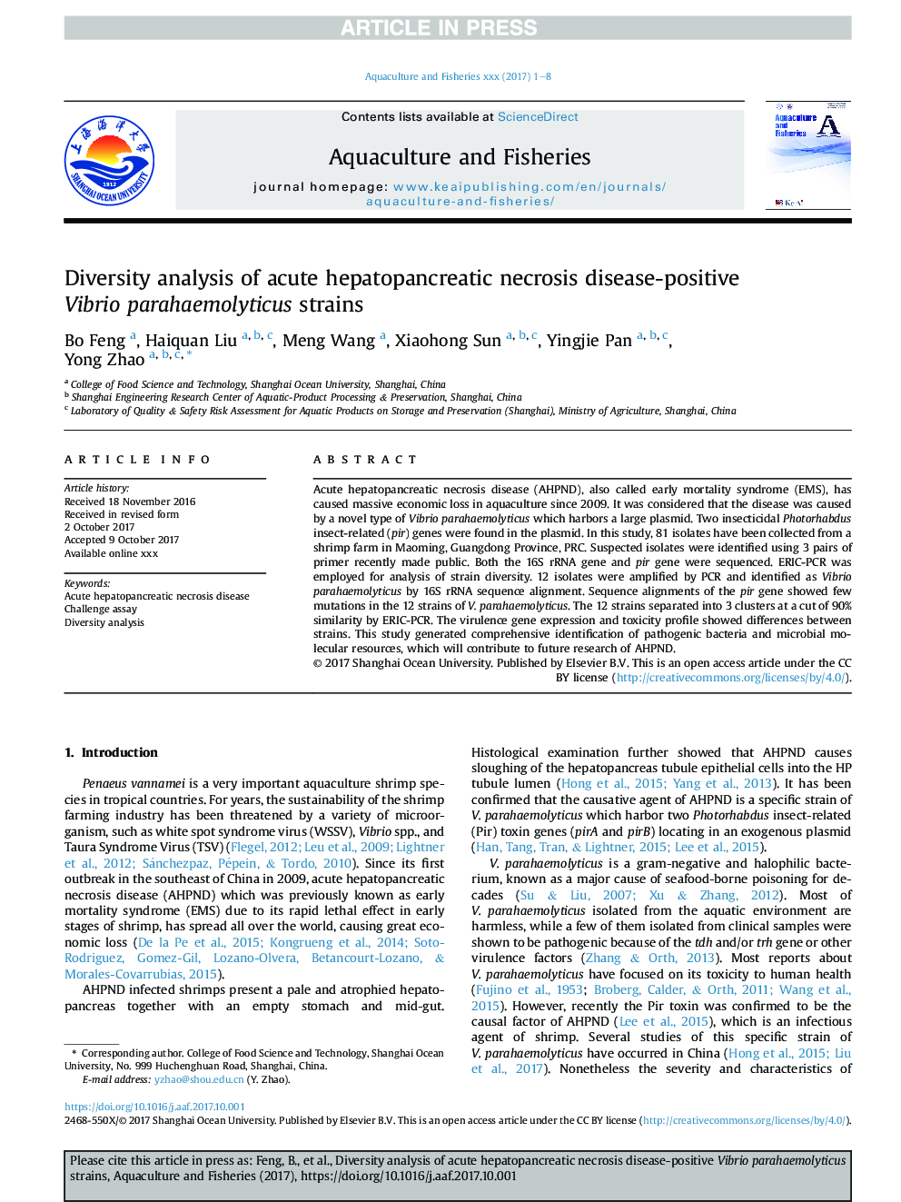Diversity analysis of acute hepatopancreatic necrosis disease-positive Vibrio parahaemolyticus strains