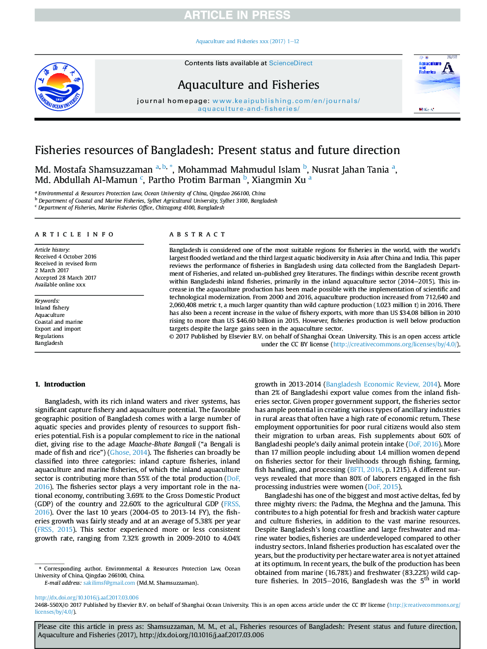 Fisheries resources of Bangladesh: Present status and future direction