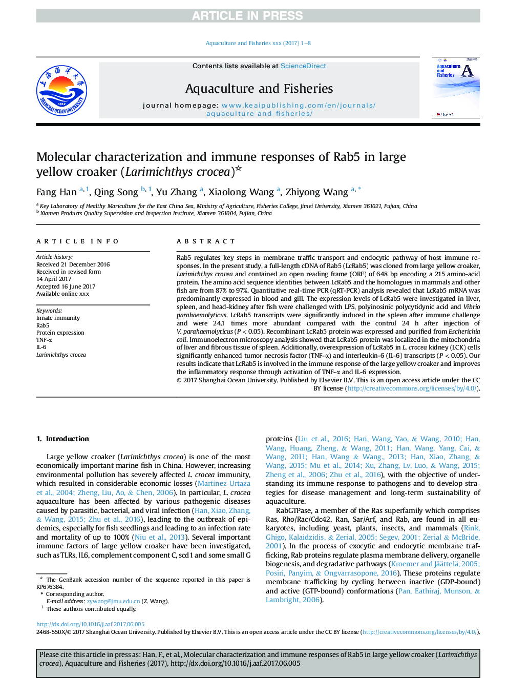 Molecular characterization and immune responses of Rab5 in large yellow croaker (Larimichthys crocea)