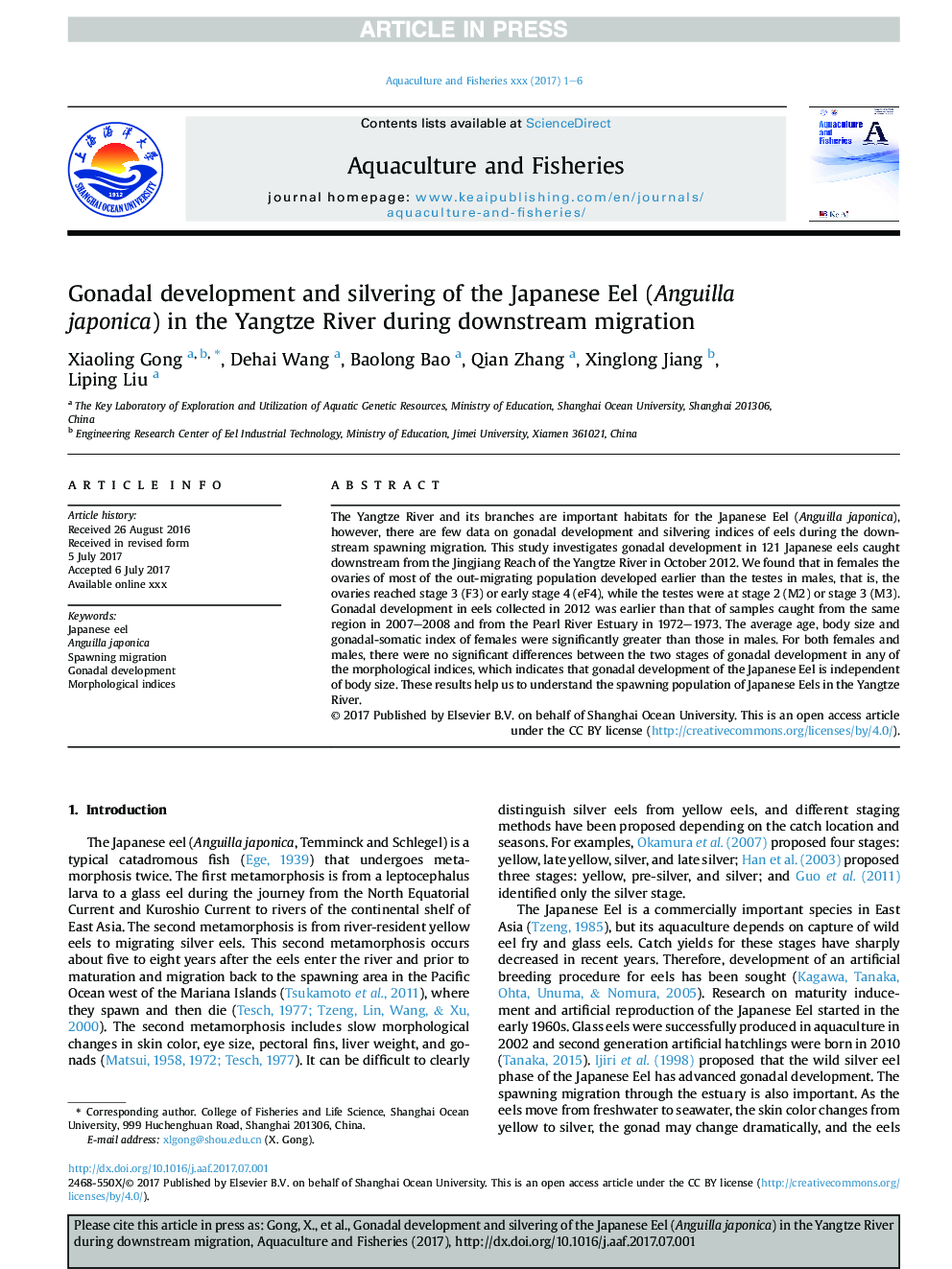 Gonadal development and silvering of the Japanese Eel (Anguilla japonica) in the Yangtze River during downstream migration