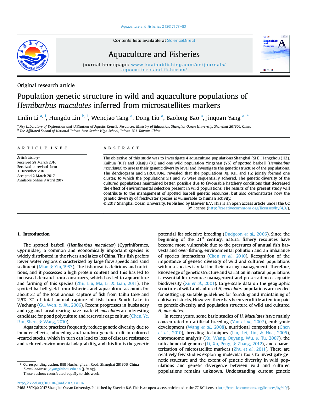 Population genetic structure in wild and aquaculture populations of Hemibarbus maculates inferred from microsatellites markers