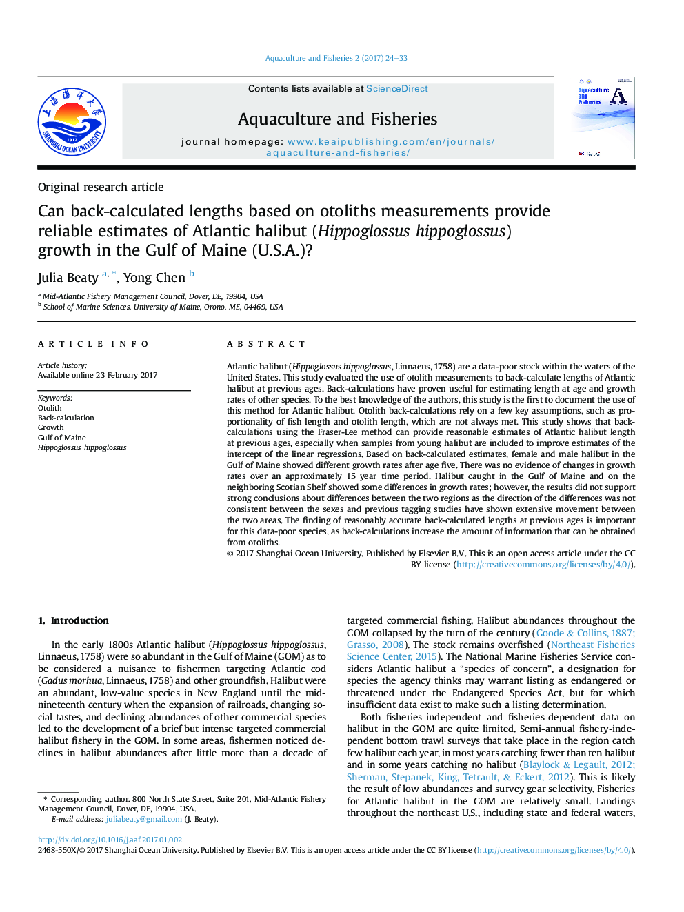 Can back-calculated lengths based on otoliths measurements provide reliable estimates of Atlantic halibut (Hippoglossus hippoglossus) growth in the Gulf of Maine (U.S.A.)?