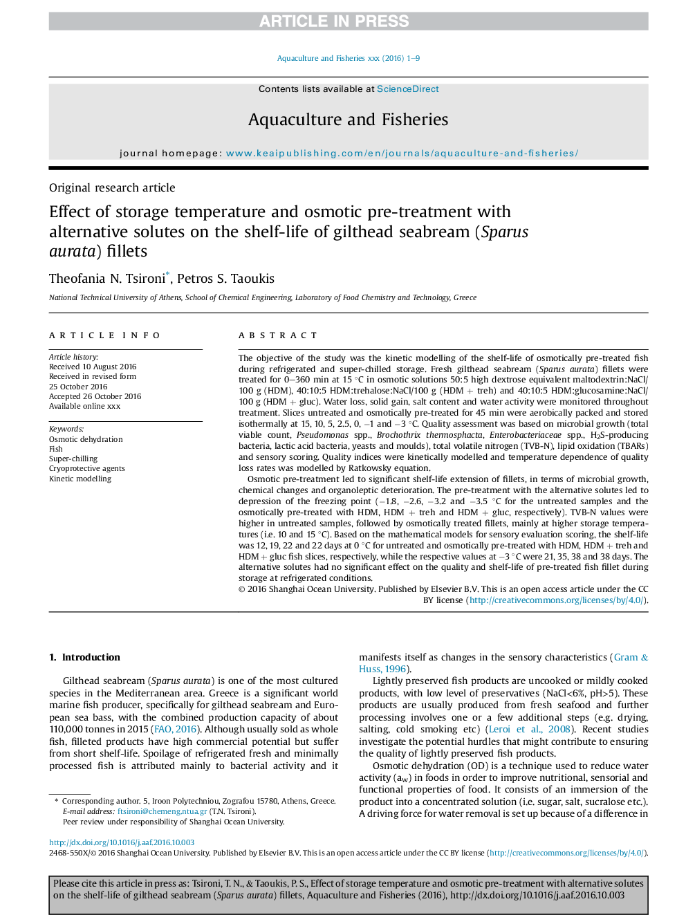 Effect of storage temperature and osmotic pre-treatment with alternative solutes on the shelf-life of gilthead seabream (Sparus aurata) fillets