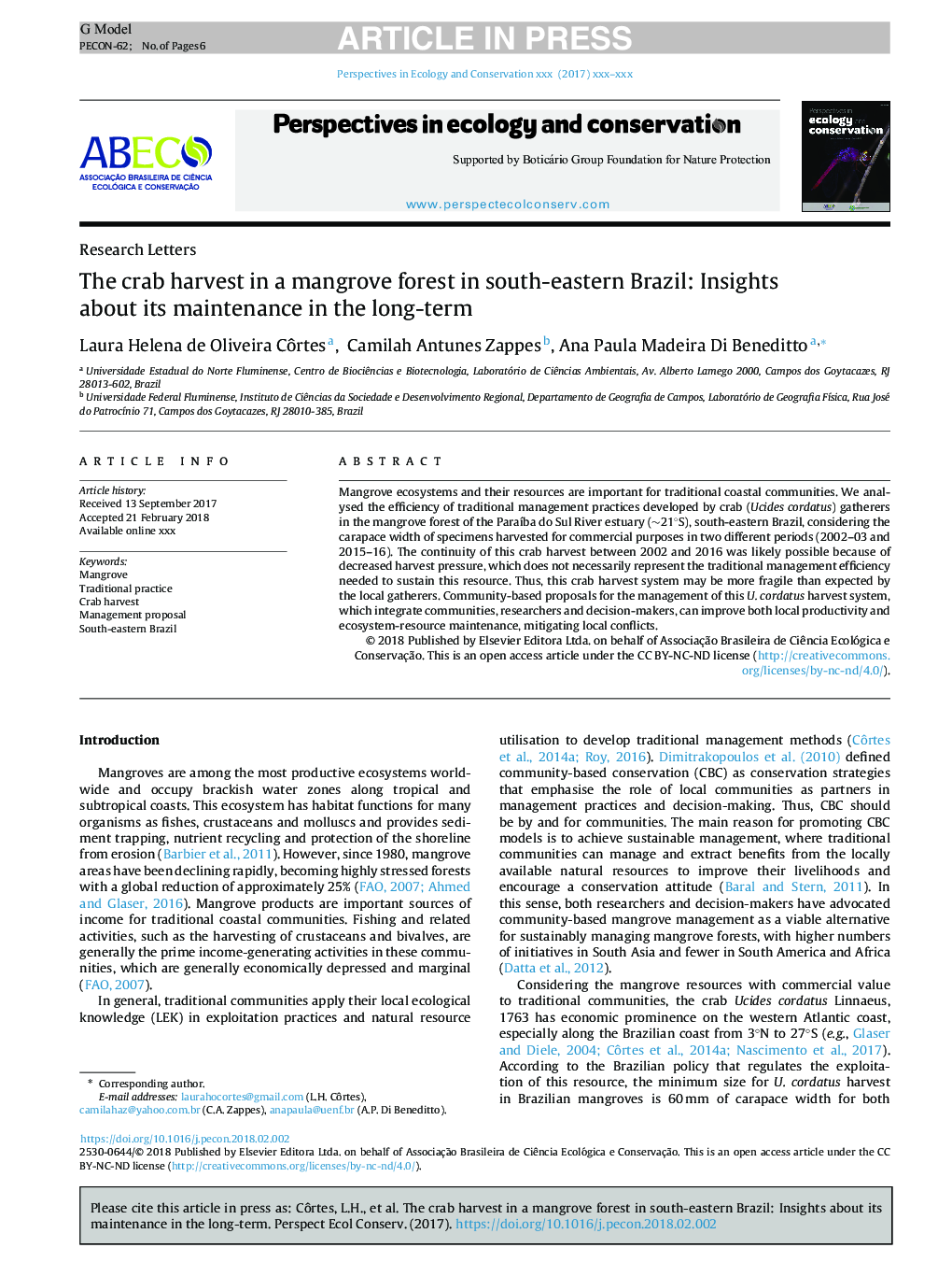 The crab harvest in a mangrove forest in south-eastern Brazil: Insights about its maintenance in the long-term