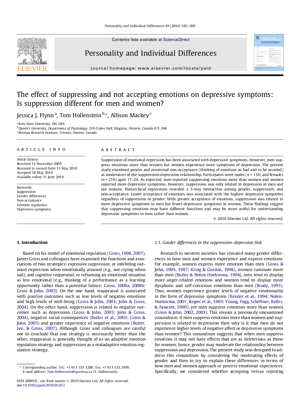 The effect of suppressing and not accepting emotions on depressive symptoms: Is suppression different for men and women?