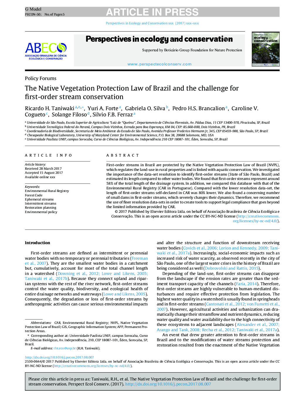 The Native Vegetation Protection Law of Brazil and the challenge for first-order stream conservation