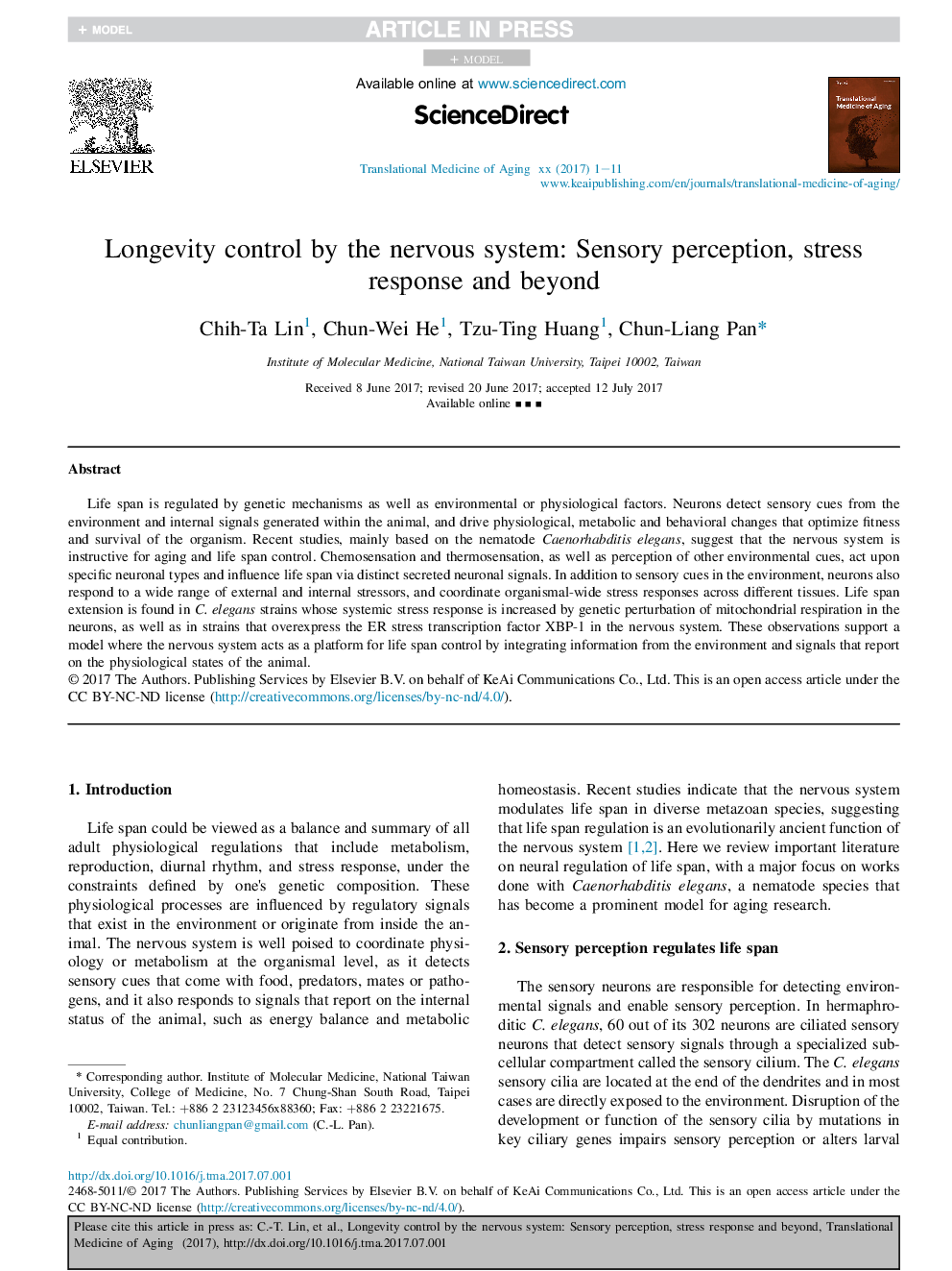 Longevity control by the nervous system: Sensory perception, stress response and beyond