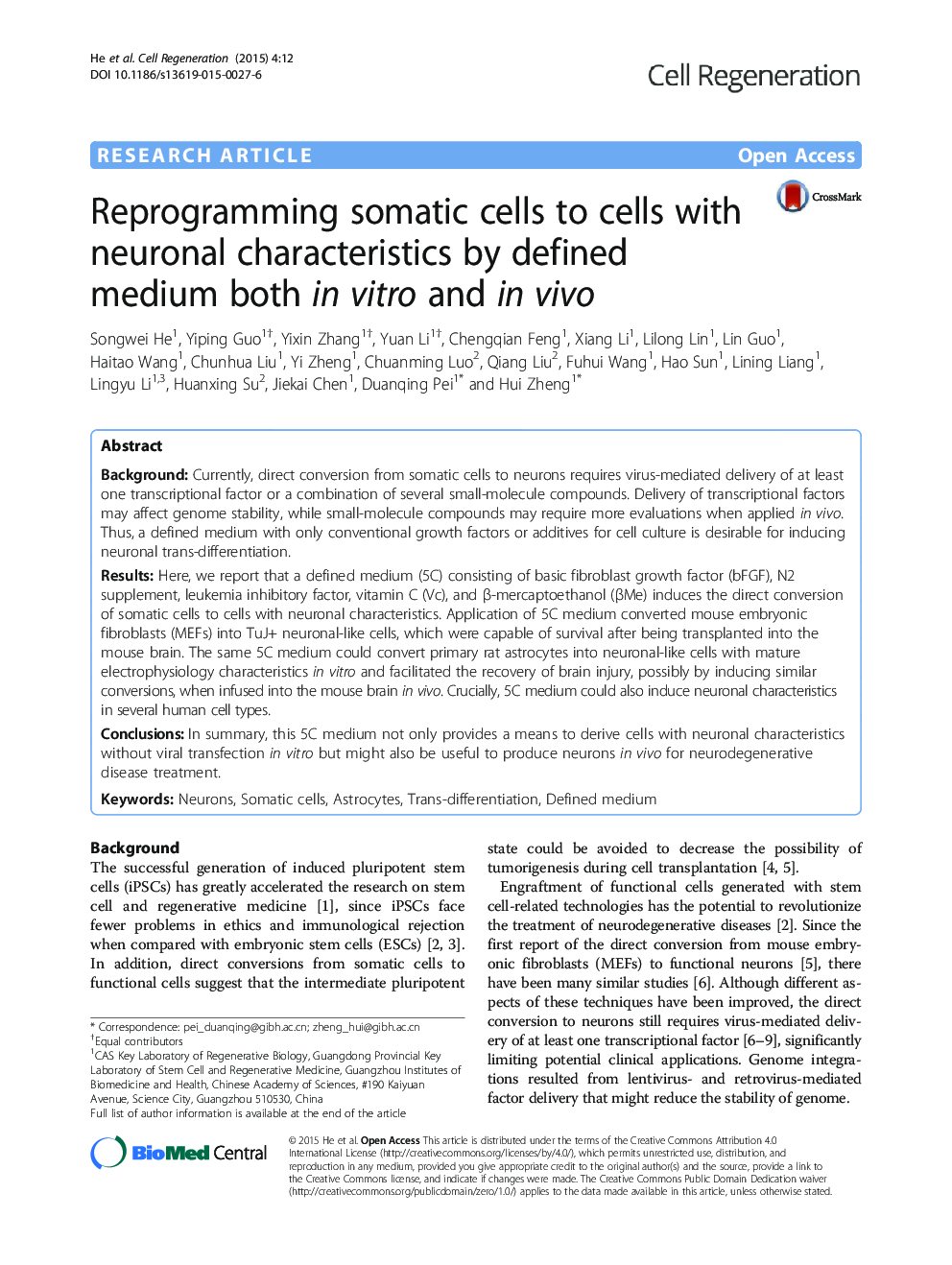 Reprogramming somatic cells to cells with neuronal characteristics by defined medium both in vitro and in vivo
