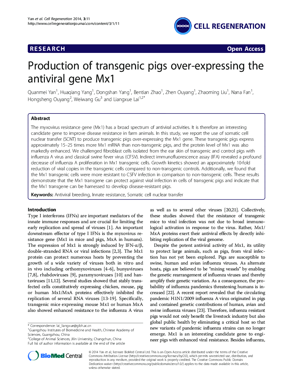 Production of transgenic pigs over-expressing the antiviral gene Mx1