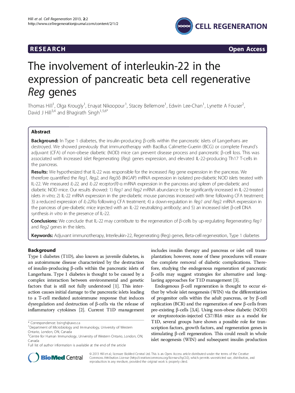 The involvement of interleukin-22 in the expression of pancreatic beta cell regenerative Reg genes