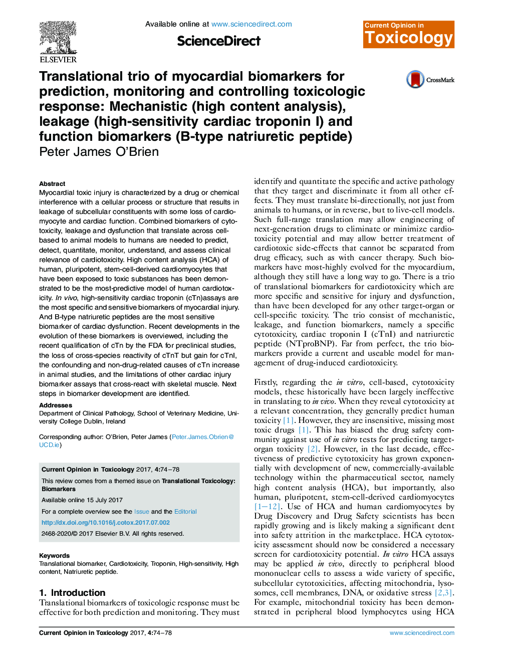 Translational trio of myocardial biomarkers for prediction, monitoring and controlling toxicologic response: Mechanistic (high content analysis), leakage (high-sensitivity cardiac troponin I) and function biomarkers (B-type natriuretic peptide)