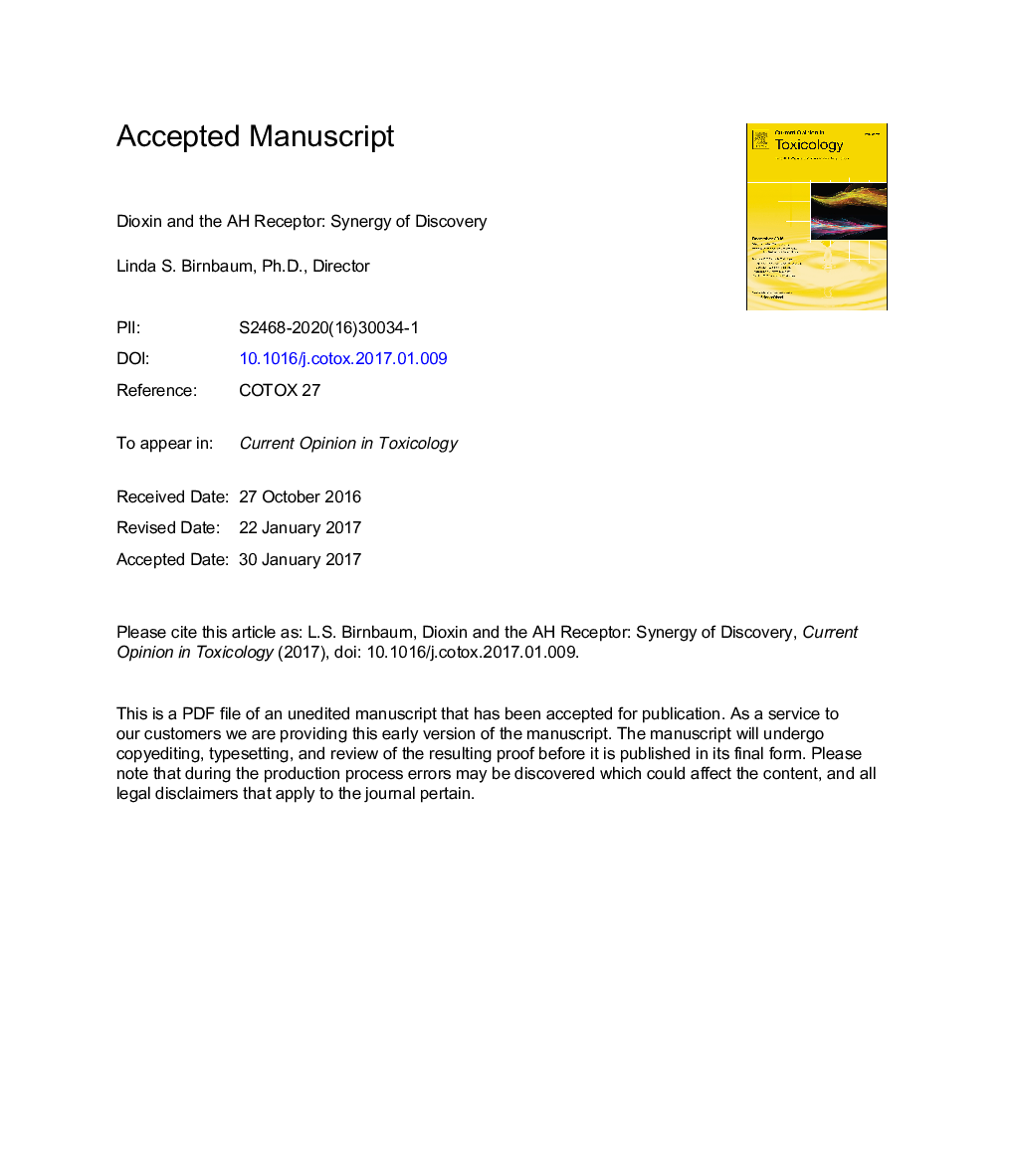 عکس صفحه اول مقاله: Dioxin and the AH receptor: Synergy of discovery Dioxin and the AH receptor: Synergy of discovery