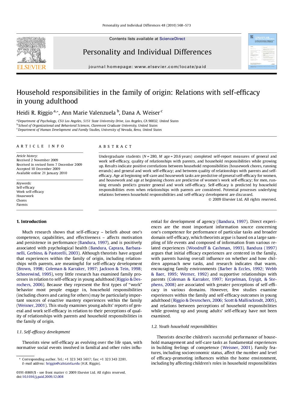 Household responsibilities in the family of origin: Relations with self-efficacy in young adulthood