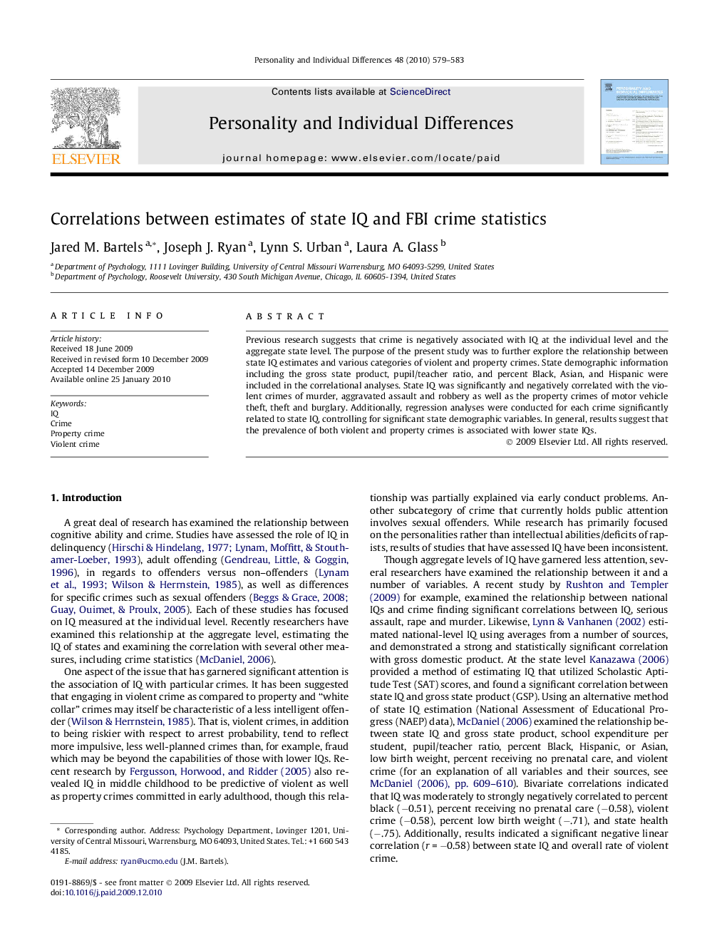 Correlations between estimates of state IQ and FBI crime statistics