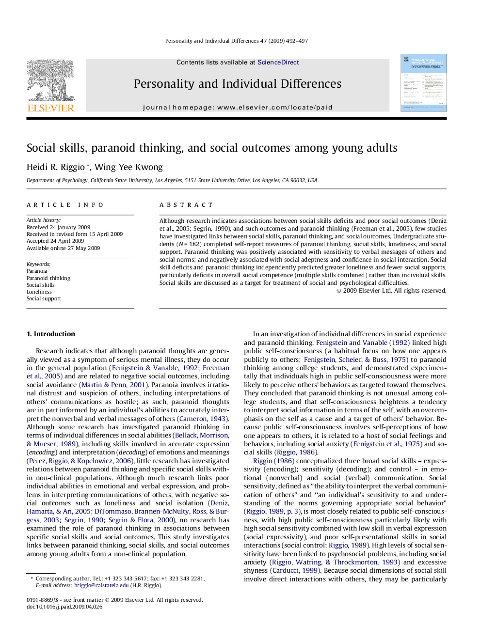 Social skills, paranoid thinking, and social outcomes among young adults