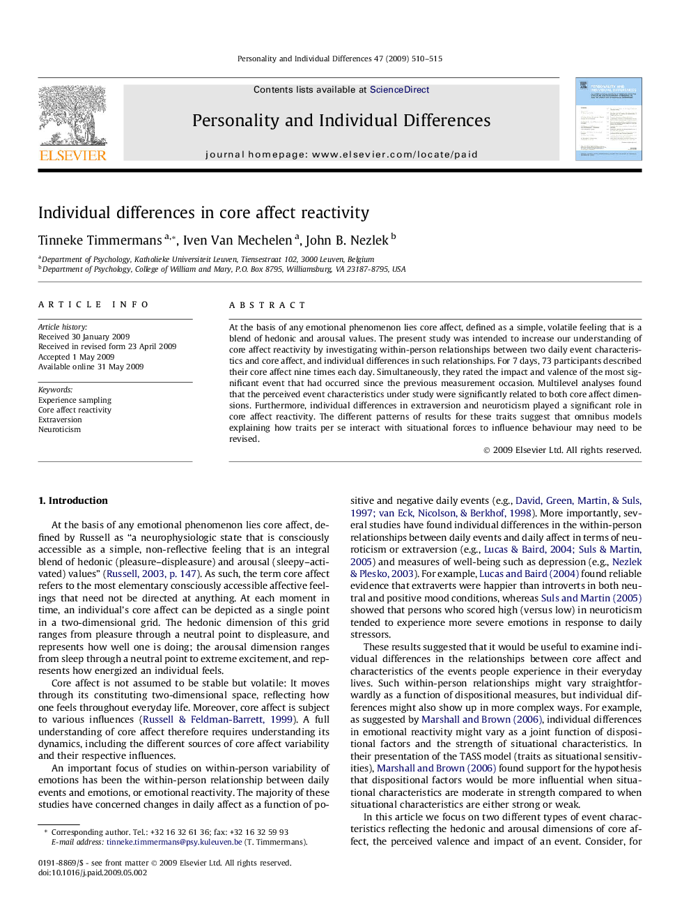 عکس صفحه اول مقاله: Individual differences in core affect reactivity Individual differences in core affect reactivity
